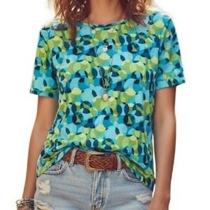 Made in Heaven T-Shirt Women Medium Blue Green Geometric Circle Print Retro Top